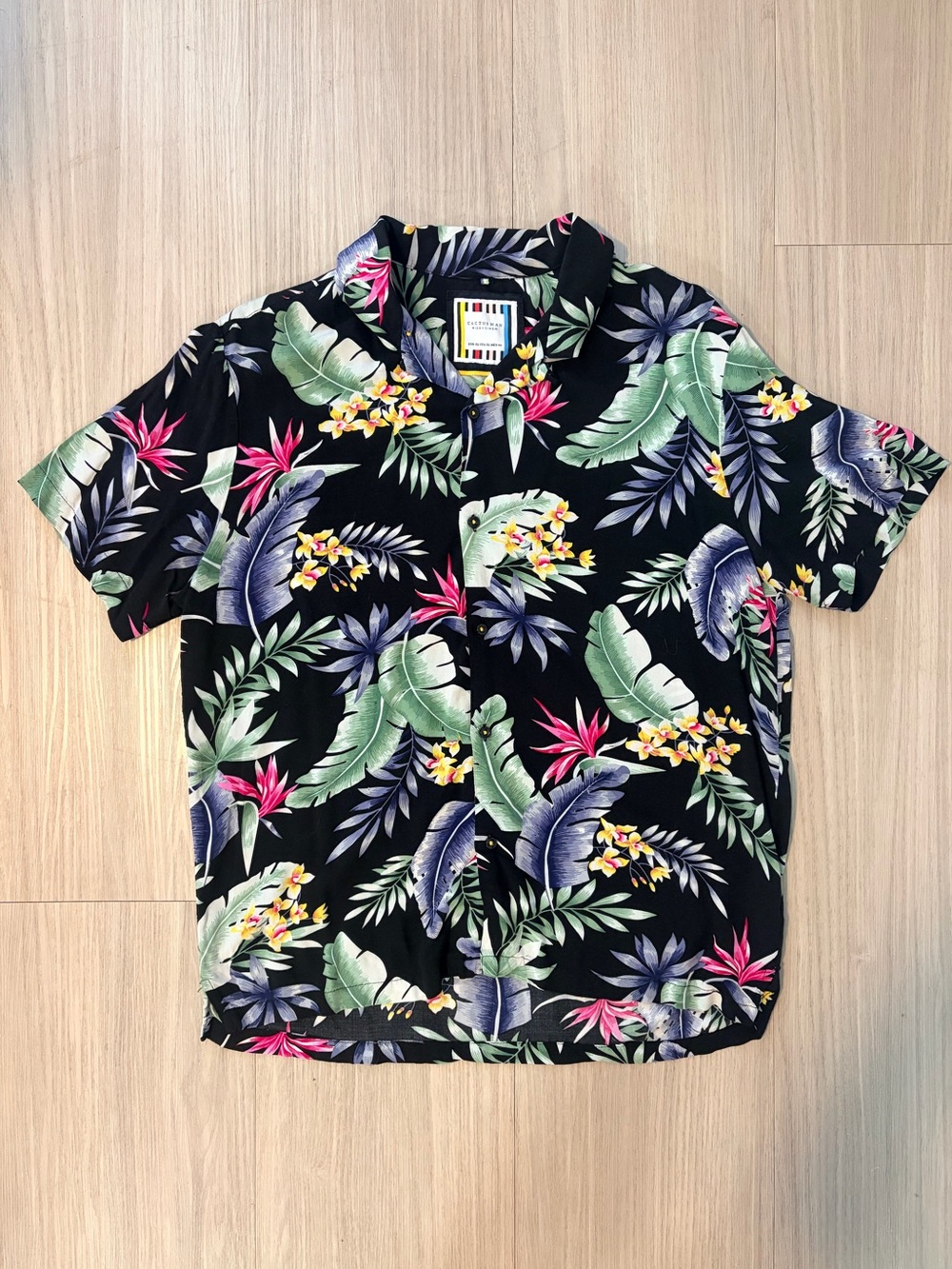 Tropical Floral Short-Sleeve Button-Down Shirt - Black, Size XL